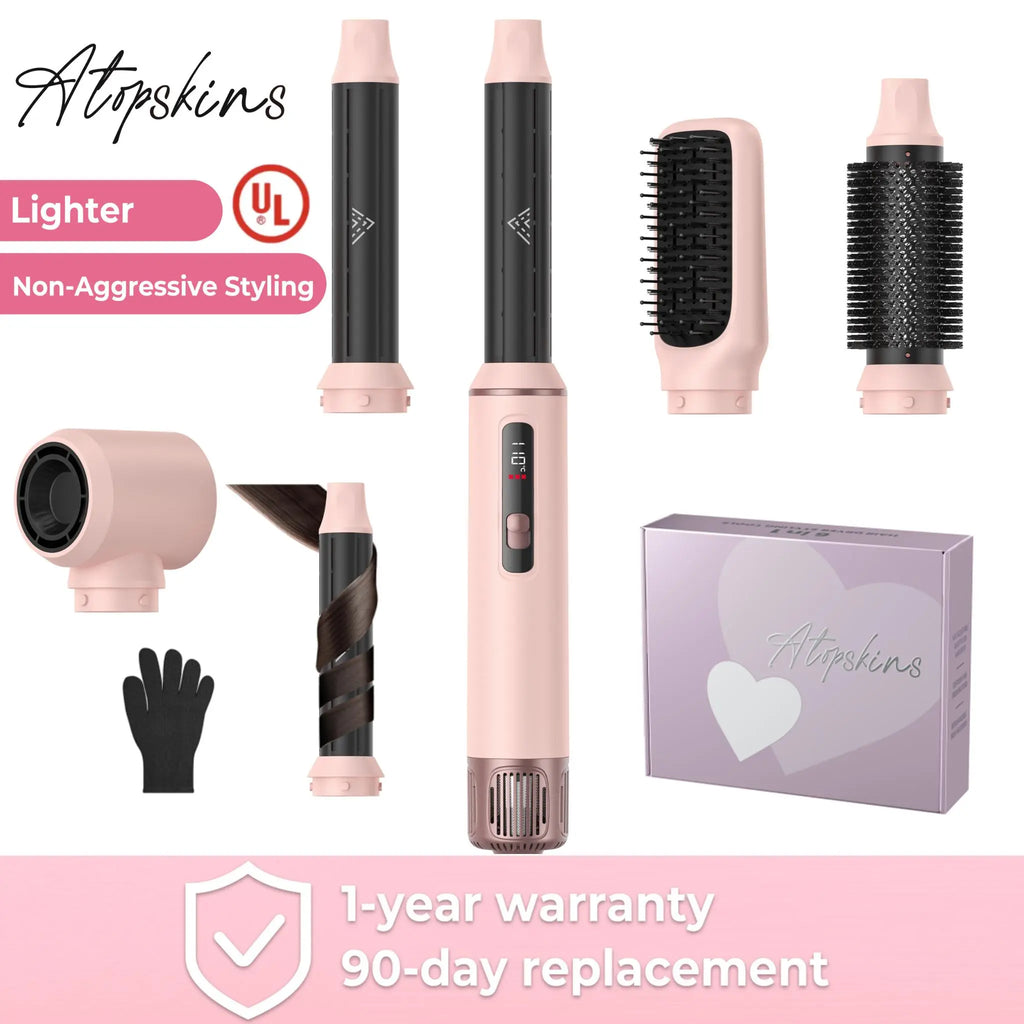 ATOPSKINS 5-in-1 Hot Air Brush with Gentle Styling, Ultra-Lightweight Design, and Heat-Free Attachment for Zero Heat Damage, Made of Durable Plastic, Includes 1-Year Warranty