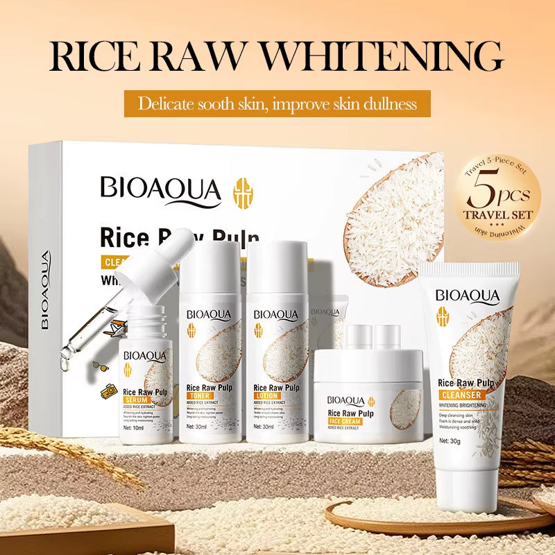 5Pcs  Rice Raw Whitening Set Brighten Hydrating Moisturize Soothing Facial Cleanser+Toner+Essence+Lotion+Cream Skincare