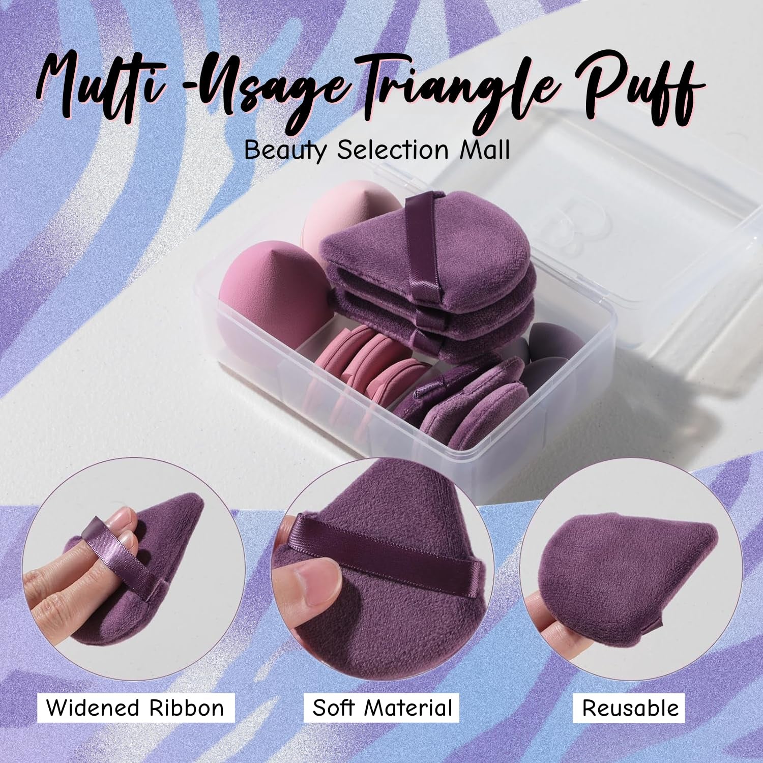 Makeup Sponge Set BS-MALL Triangle Puff 14 Pcs for Liquid, Cream, and Powder, Multi-Colored Makeup Sponges and Mini Sponge with Case (A-Purple)