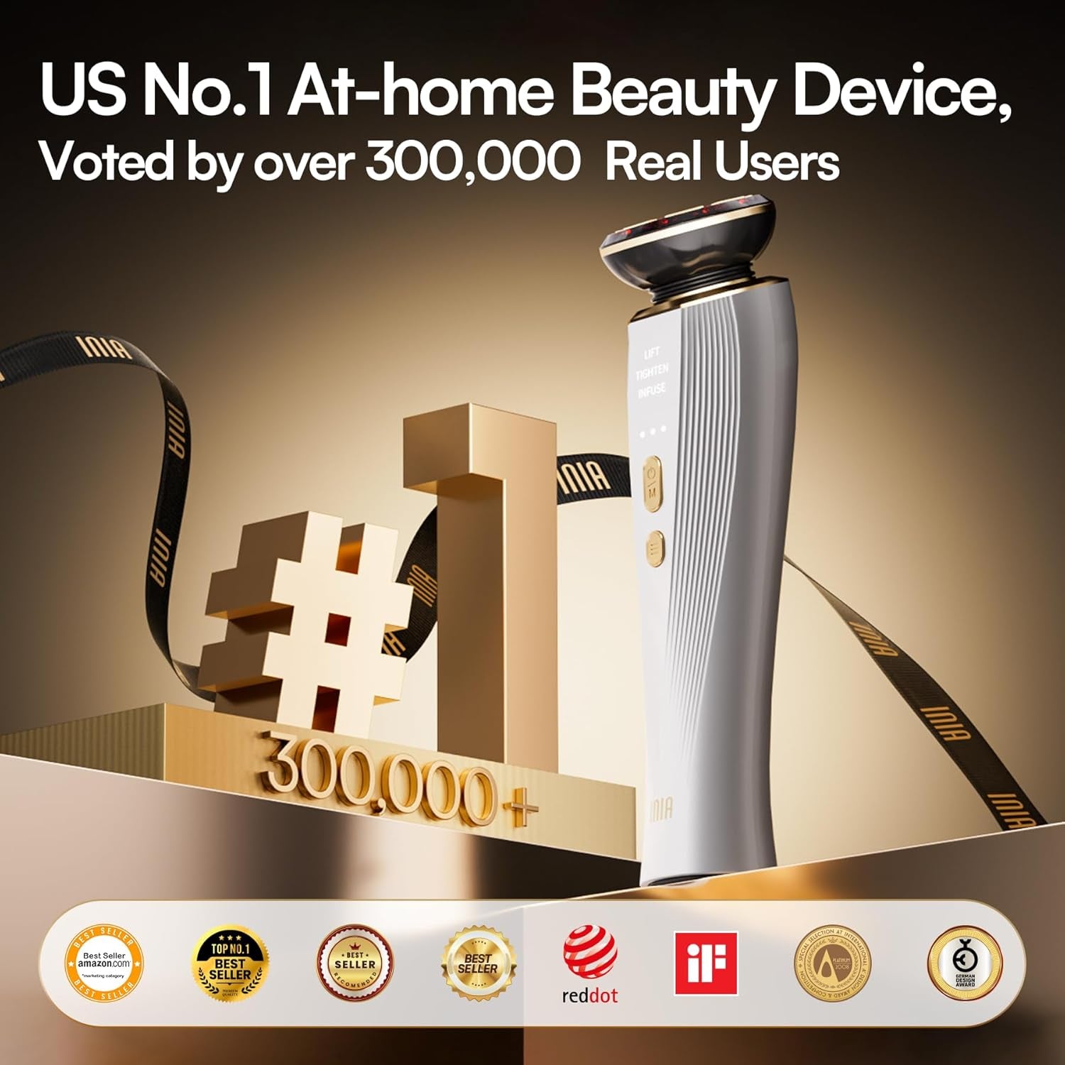 INIA 3-In-1 Red Light Therapy for Face and Neck Beauty Device for Puffiness & Skin Firming Skincare Tool (White)