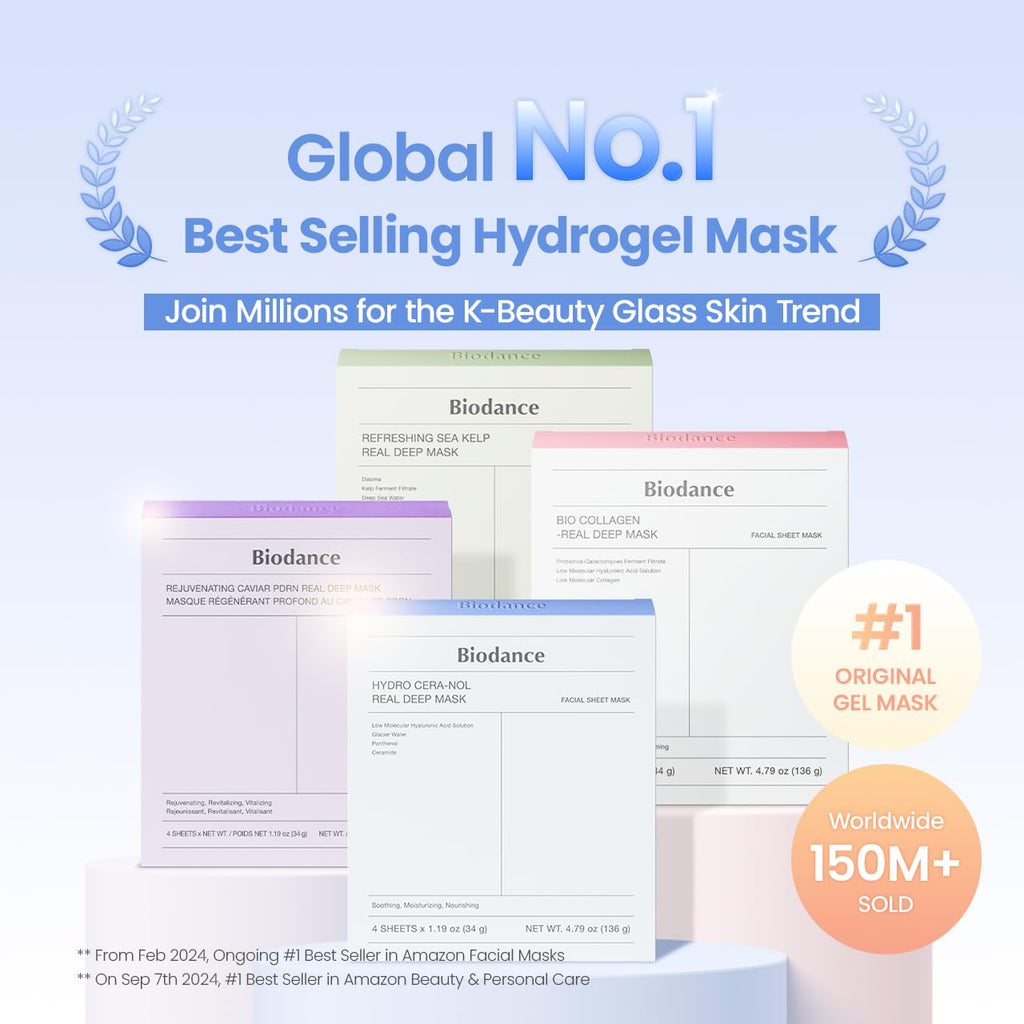 BIODANCE Hydro Cera-Nol Real Deep Mask, Hydrating Overnight Hydrogel Face Mask, Moisturizing, Redness Reducing, Quick Soothing, Korean Skin Care |1.19Oz(34G) X4Ea