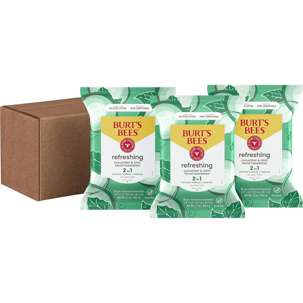 Burt'S Bees Cucumber & Mint Face Wipes, for All Skin Types, Refreshing Makeup Remover & Facial Cleansing Towelettes, 30 Ct. (3-Pack)