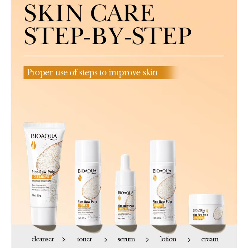 5Pcs  Rice Raw Whitening Set Brighten Hydrating Moisturize Soothing Facial Cleanser+Toner+Essence+Lotion+Cream Skincare