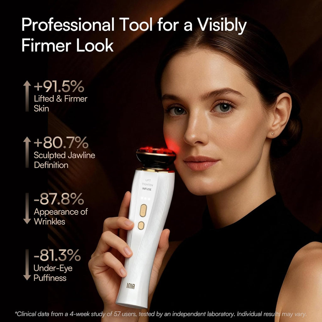 INIA 3-In-1 Red Light Therapy for Face and Neck Beauty Device for Puffiness & Skin Firming Skincare Tool (White)