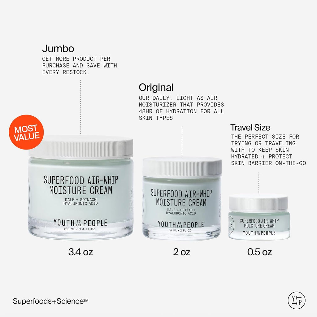 Youth to the People Superfood Air-Whip Moisture Cream - Kale + Green Tea Hyaluronic Acid Face Moisturizer, Smooths + Hydrates up to 48HR with Dewy Glow, Non-Greasy Lightweight Gel, Non-Comedogenic