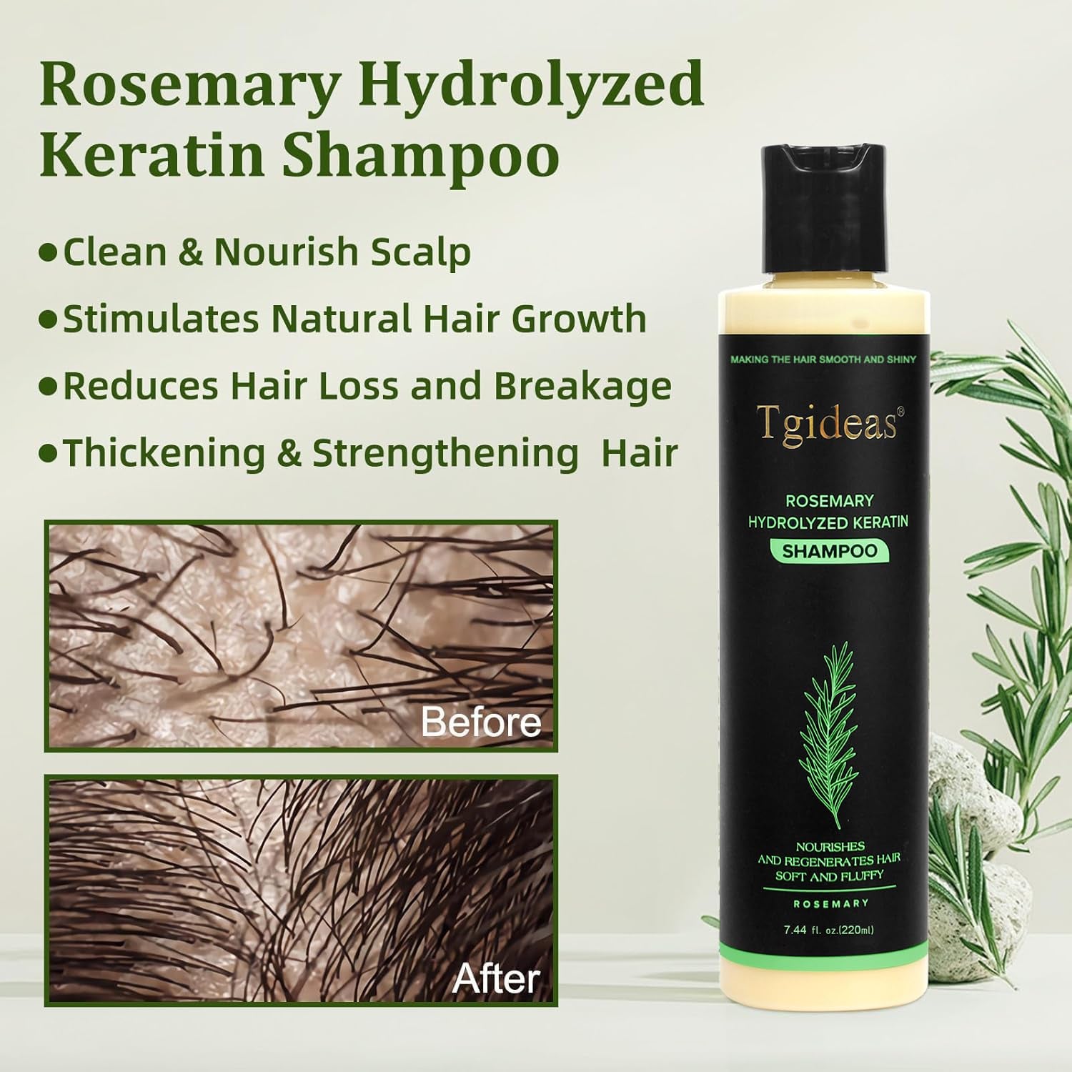 Tgideas Organic Rosemary Hair Growth Shampoo for Women and Men-Natural Thickening & Strengthening Shampoo with Hydrolyzed Keratin for Thinning Hair & Hair Loss 7.4 Fl.Oz