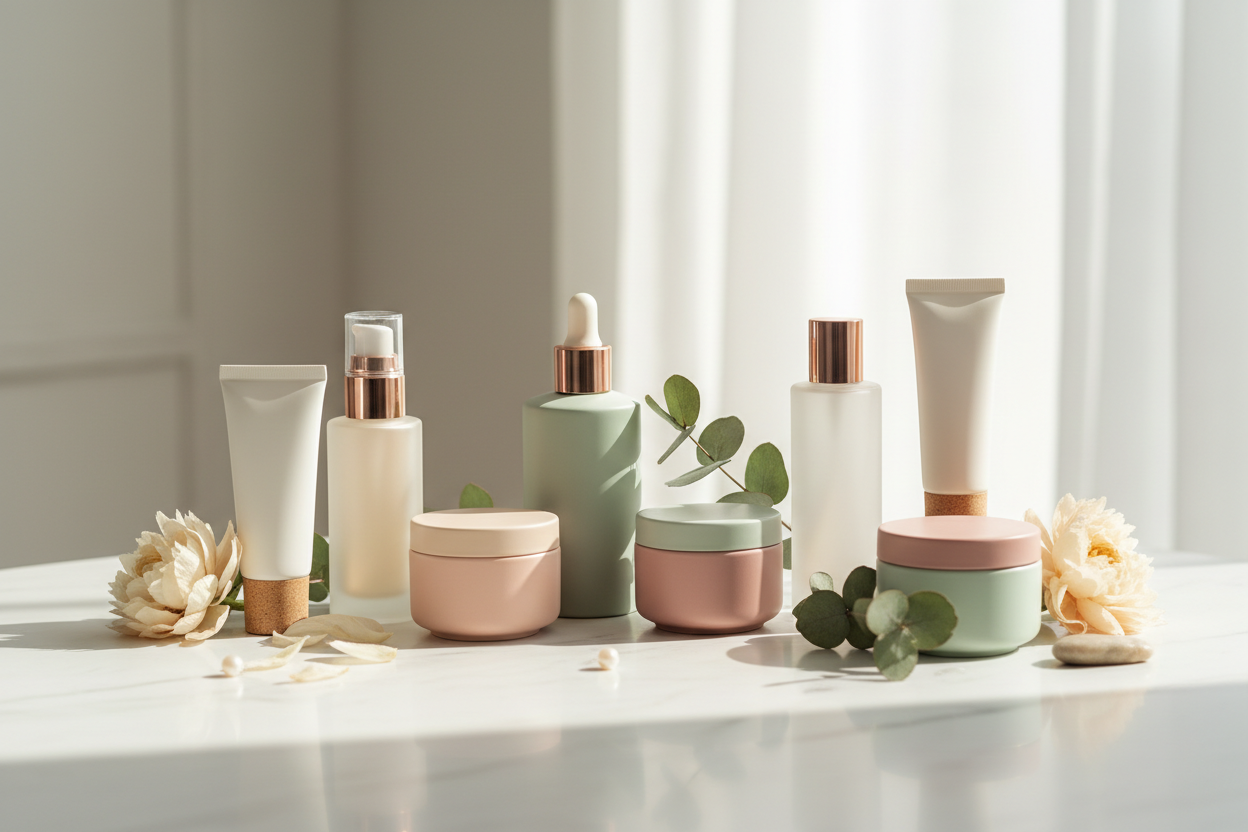 Artistic skincare products arrangement