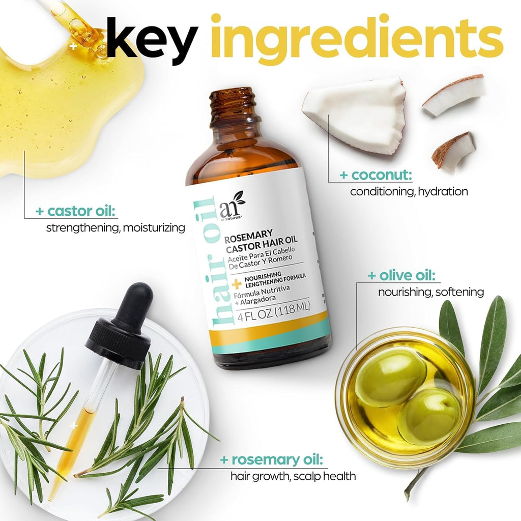 Artnaturals Organic Rosemary Castor Hair Oil + Massager Hair Growth Set Hair Growth Oil 4 Ounces with Coconut & Olive Oil for Dry, Damaged & Split End