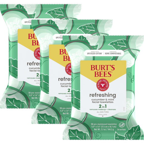 Burt'S Bees Cucumber & Mint Face Wipes, for All Skin Types, Refreshing Makeup Remover & Facial Cleansing Towelettes, 30 Ct. (3-Pack)