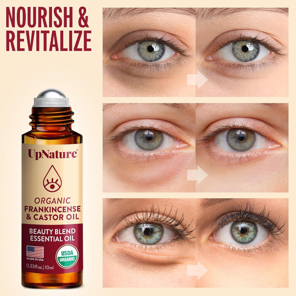Upnature Beauty Castor Oil Roll on Eye Roller - 100% Organic Frankincense and Castor Oil for Face, Dark Circles, Fine Lines, under Eyes and Skin