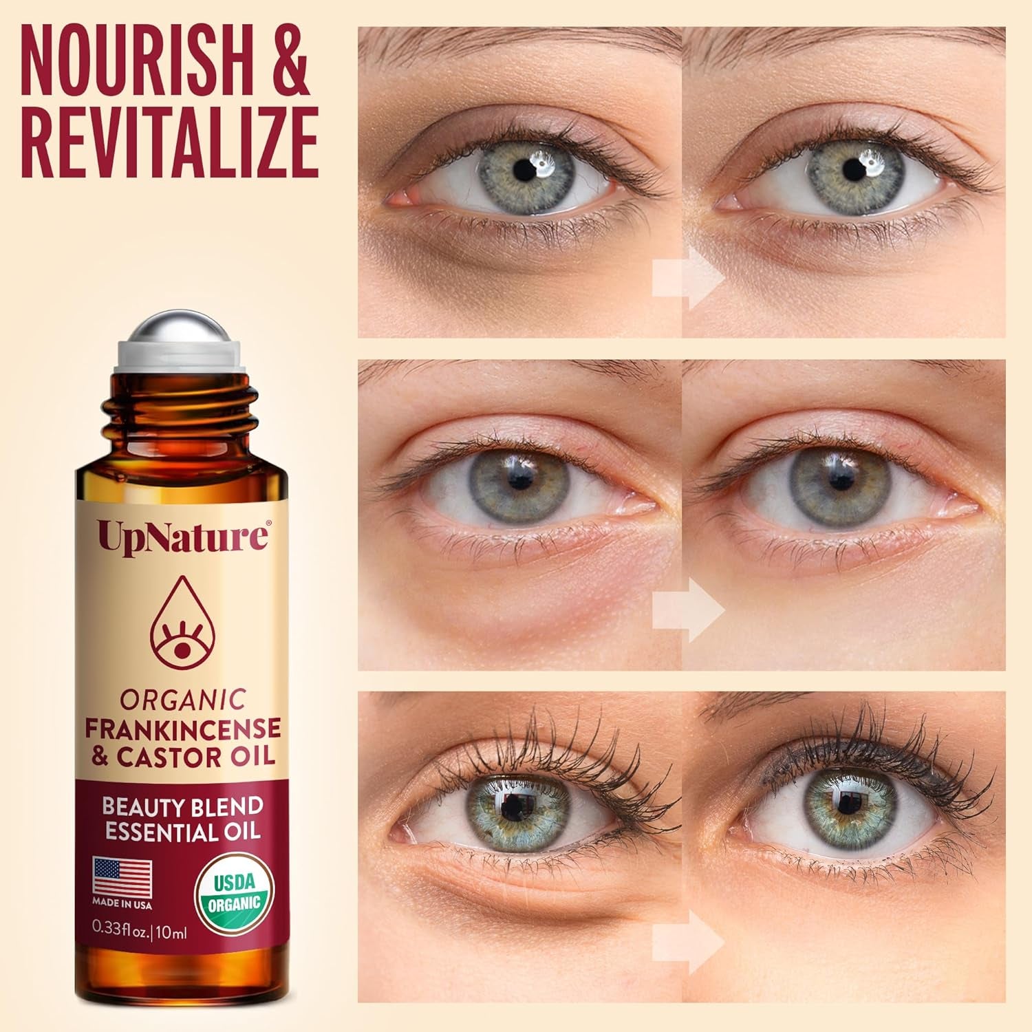 Upnature Beauty Castor Oil Roll on Eye Roller - 100% Organic Frankincense and Castor Oil for Face, Dark Circles, Fine Lines, under Eyes and Skin