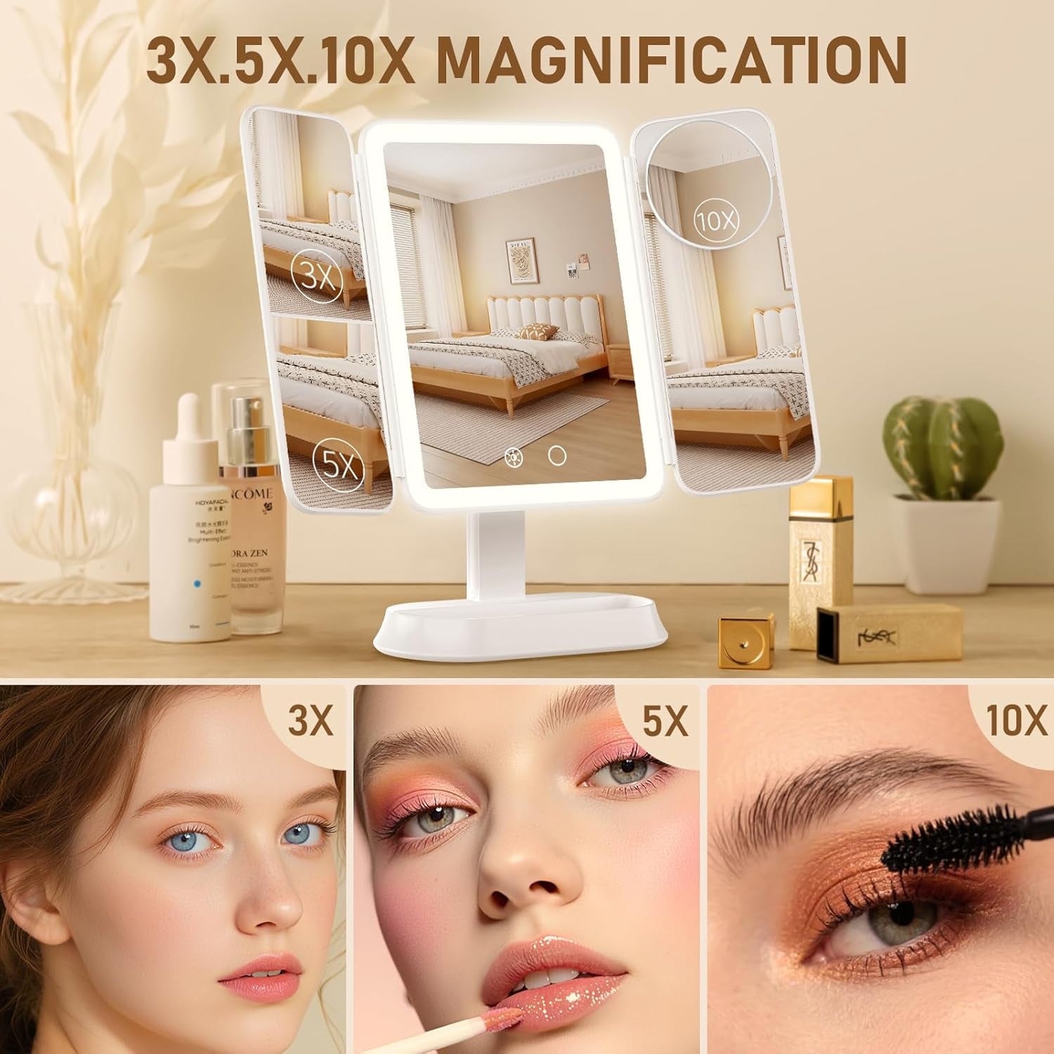 Makeup Mirror with Lights, Rechargeable Mirror with 3X/5X/10X Magnification, Portable Vanity Mirror with for Travel/Desk, Valentines Day Gifts for Her