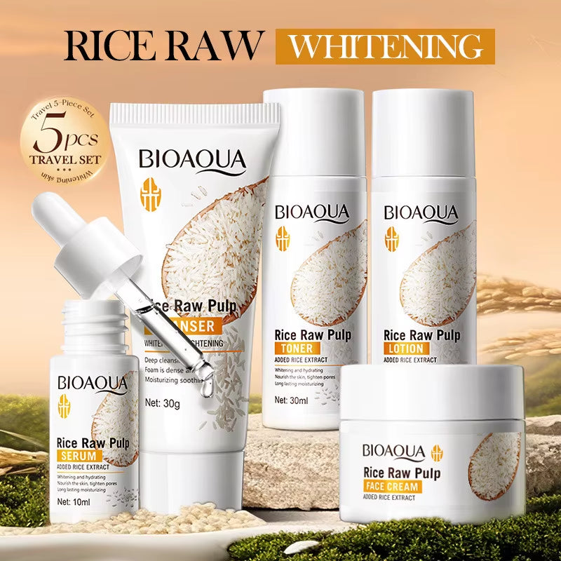 5Pcs  Rice Raw Whitening Set Brighten Hydrating Moisturize Soothing Facial Cleanser+Toner+Essence+Lotion+Cream Skincare