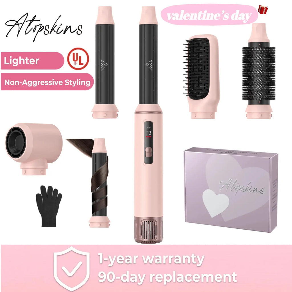 ATOPSKINS 5-in-1 Hot Air Brush with Gentle Styling, Ultra-Lightweight Design, and Heat-Free Attachment for Zero Heat Damage, Made of Durable Plastic, Includes 1-Year Warranty