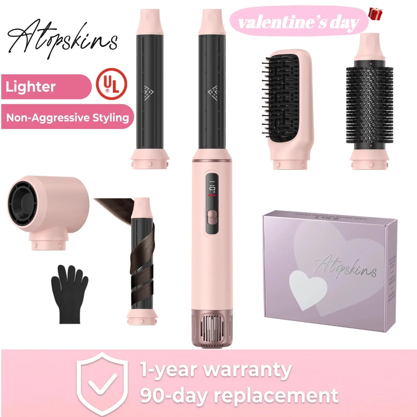 ATOPSKINS 5-in-1 Hot Air Brush with Gentle Styling, Ultra-Lightweight Design, and Heat-Free Attachment for Zero Heat Damage, Made of Durable Plastic, Includes 1-Year Warranty