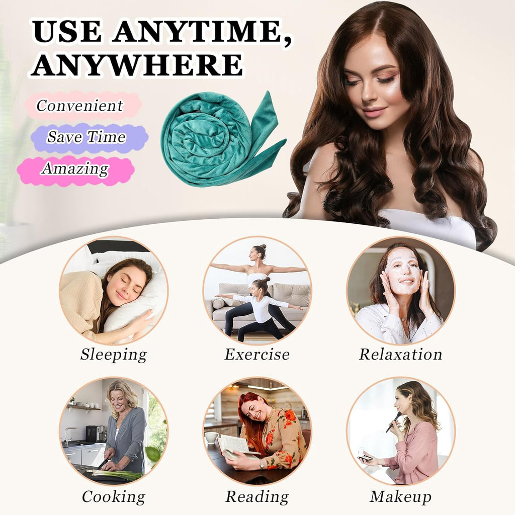 No Heat Overnight Curl Headband, 70" Soft Ribbon Wrap for Long Hair, 9 PCS Hair Curling Rods Set - Blue Green