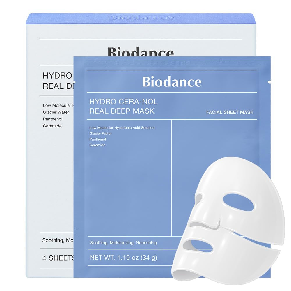 BIODANCE Hydro Cera-Nol Real Deep Mask, Hydrating Overnight Hydrogel Face Mask, Moisturizing, Redness Reducing, Quick Soothing, Korean Skin Care |1.19Oz(34G) X4Ea