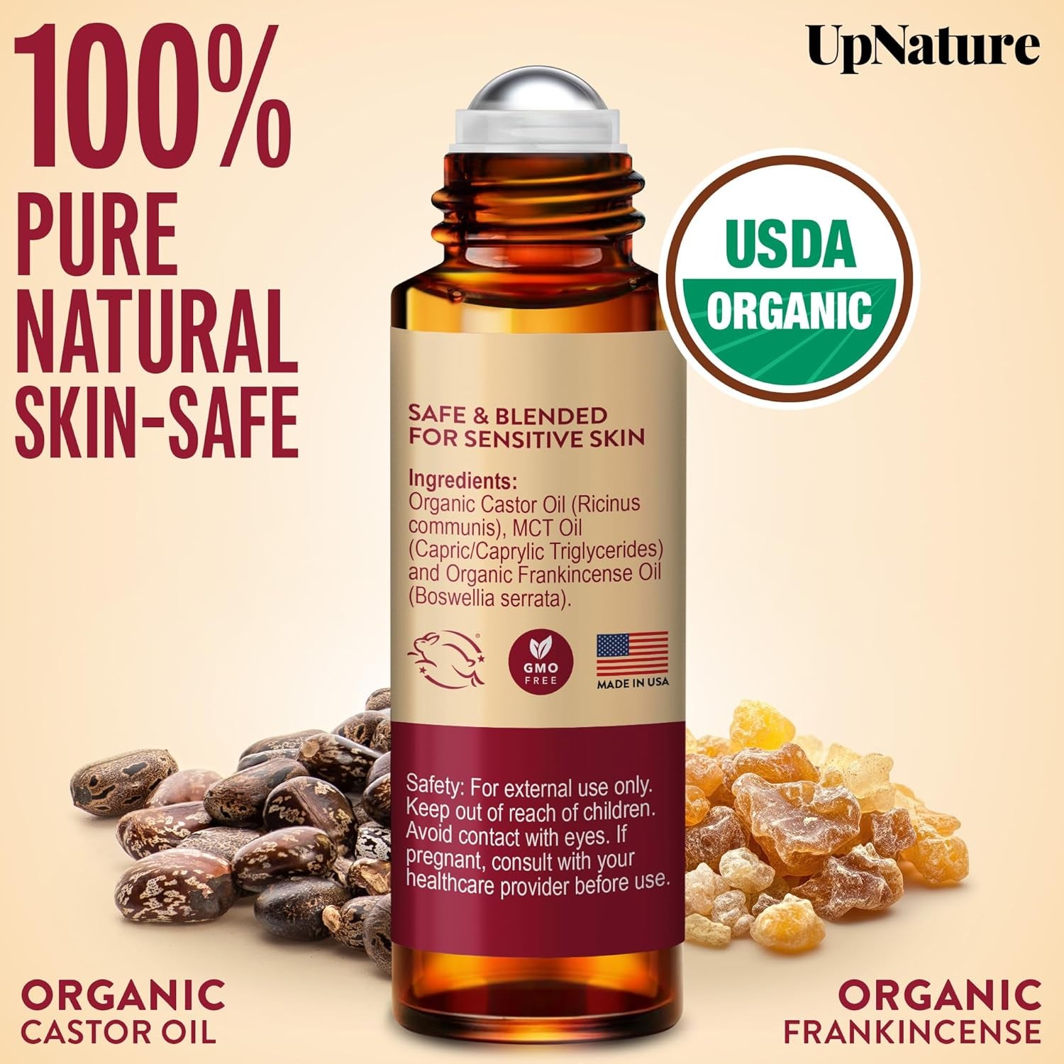 Upnature Beauty Castor Oil Roll on Eye Roller - 100% Organic Frankincense and Castor Oil for Face, Dark Circles, Fine Lines, under Eyes and Skin